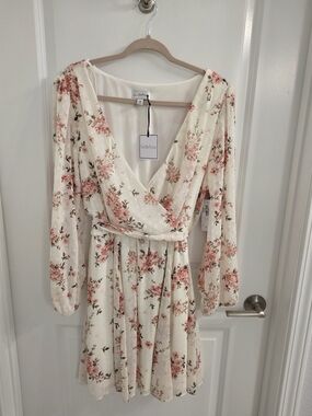 jcpenney Cream Long Sleeve Floral Wrap Dress with Pink Flowers NWT